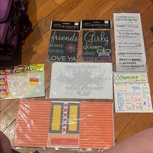 Assorted Scrapbooking Stickers and Rhinestones and shirt iron on
